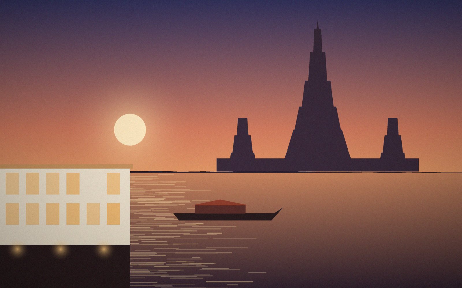 Illustratie: zonsondergang op de rivier de Chao Phraya